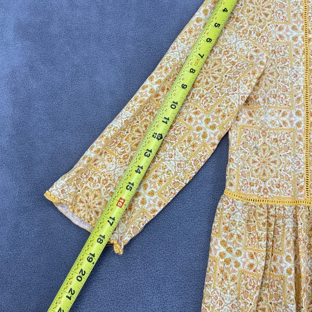 Zara A Line Dress Girls 13/14 Yellow Floral Boho Lace Trim Casual Long Sleeve
